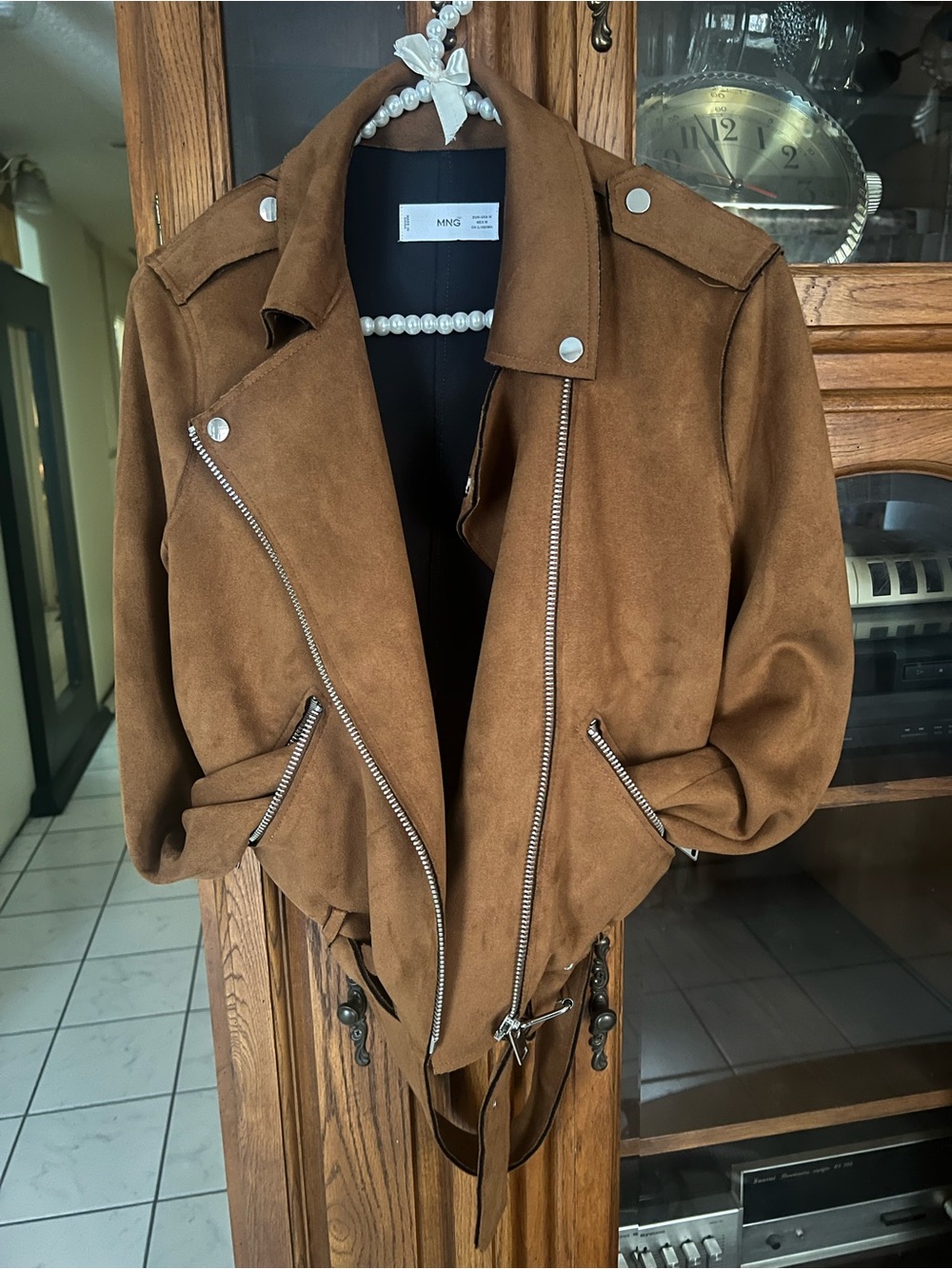 Mango Cognac Brown Faux Suede-Look Moto Jacket